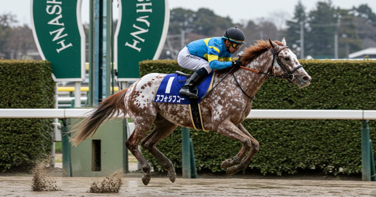 ダートコースを力強く駆ける芦毛の競走馬