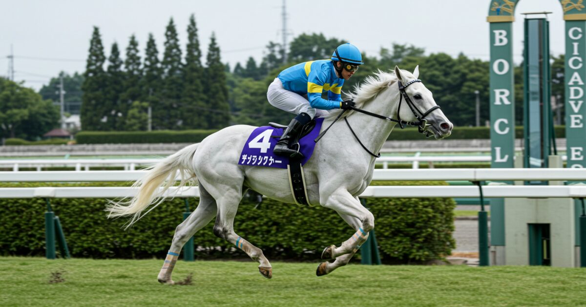 芝コースを走る白毛の競走馬と騎手