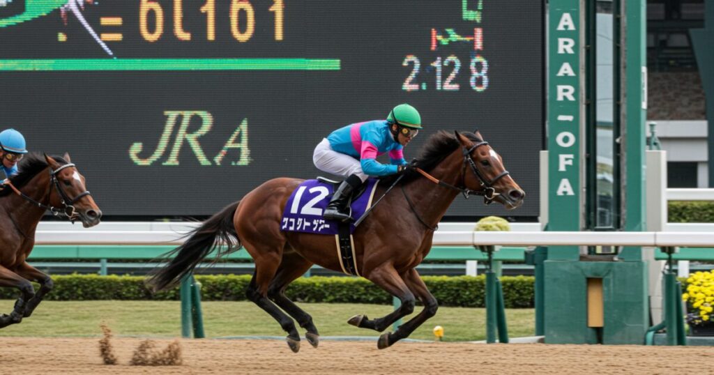 ゴール直前で全力疾走する競走馬と騎手