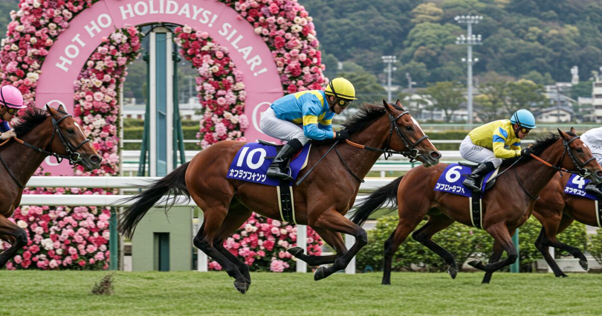 芝コースを疾走する競走馬と華やかな花のゲート