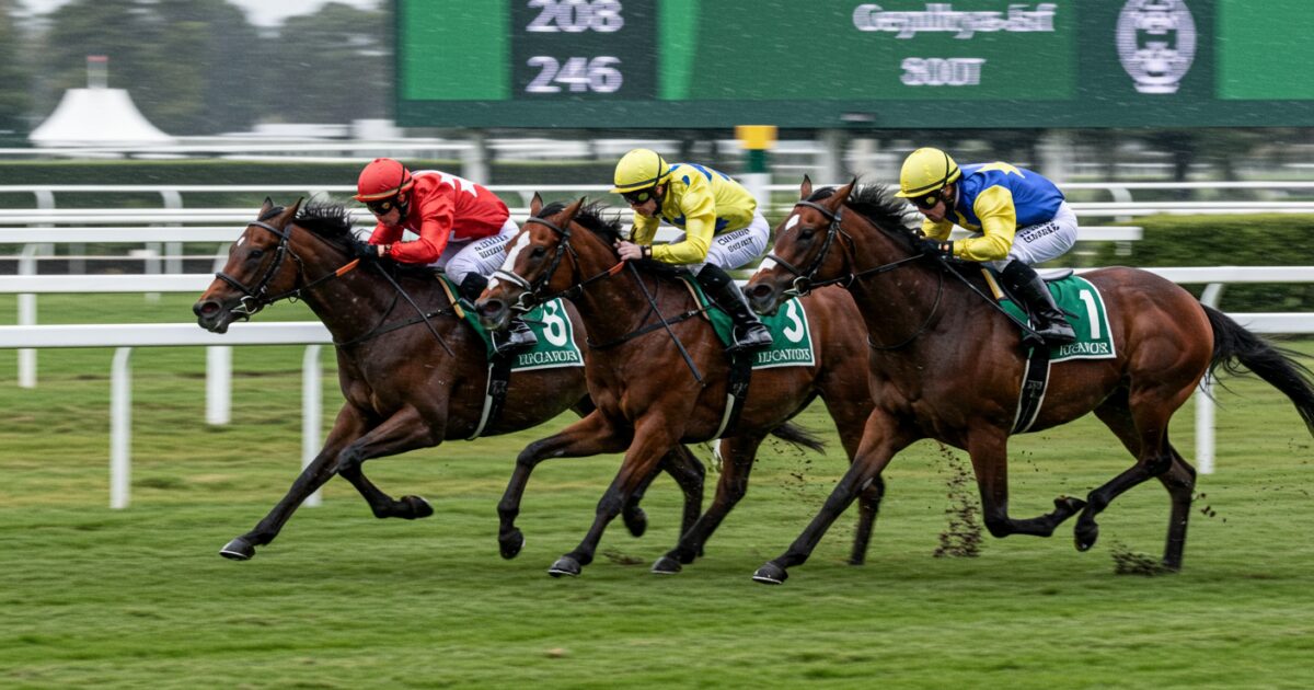 雨の中を並んで走る三頭の競走馬