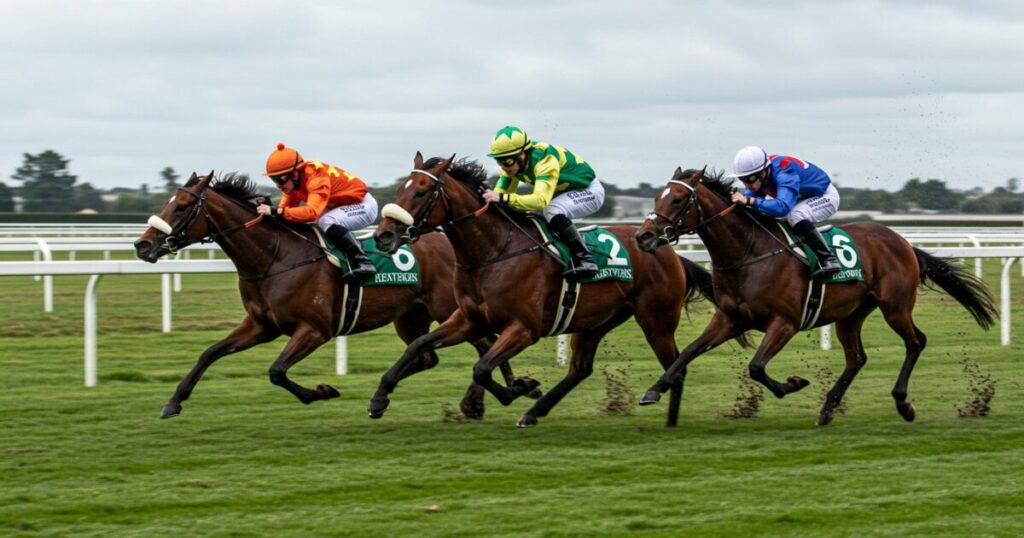 激しく争う三頭の競走馬とそれぞれの騎手