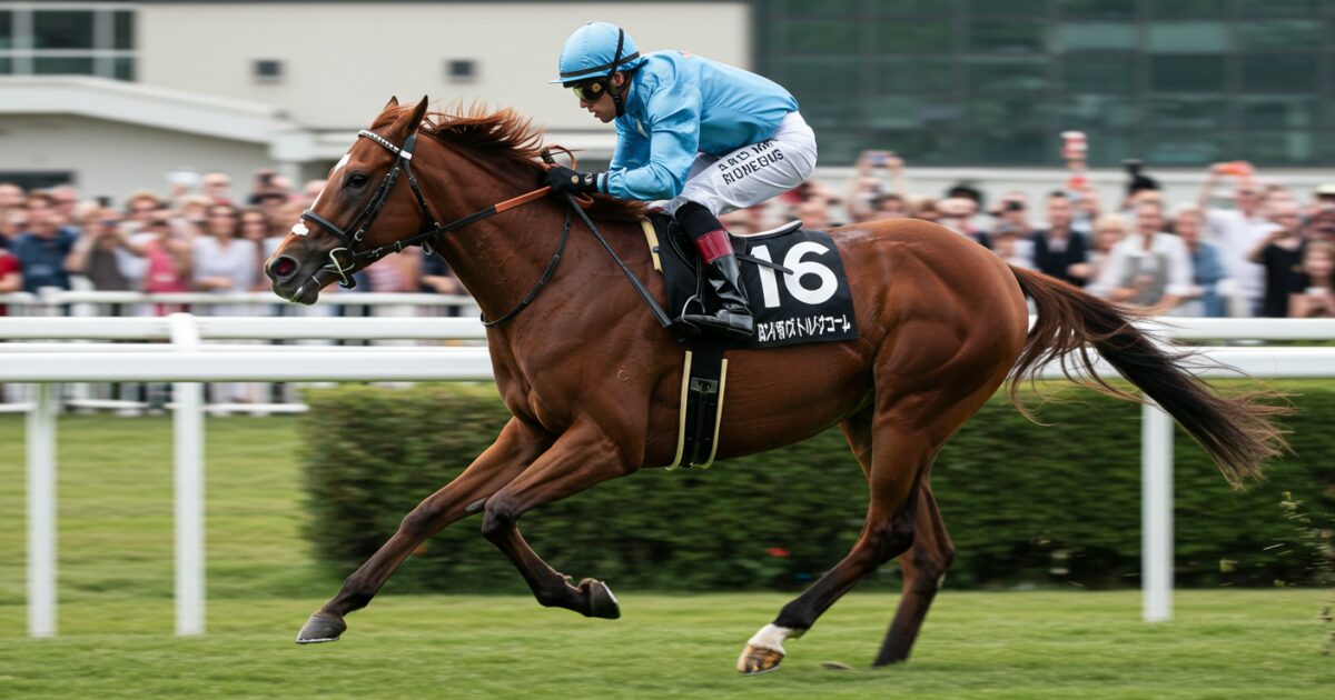 観客の注目を集めながら全力疾走する競走馬