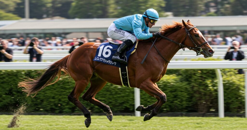 観客の前を疾走する競走馬と騎手