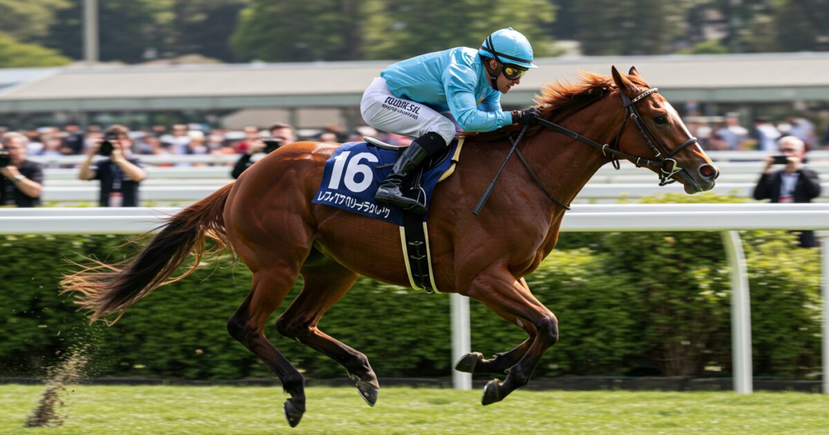 観客の前を疾走する競走馬と騎手