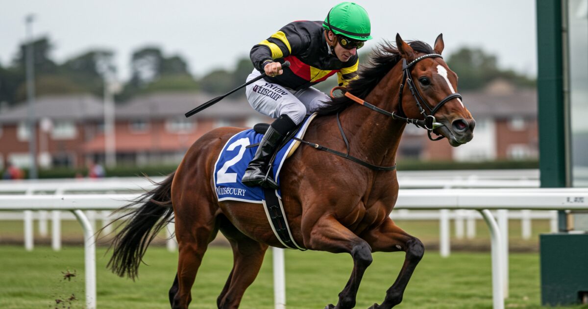 力強くゴールを目指す単走の競走馬と騎手