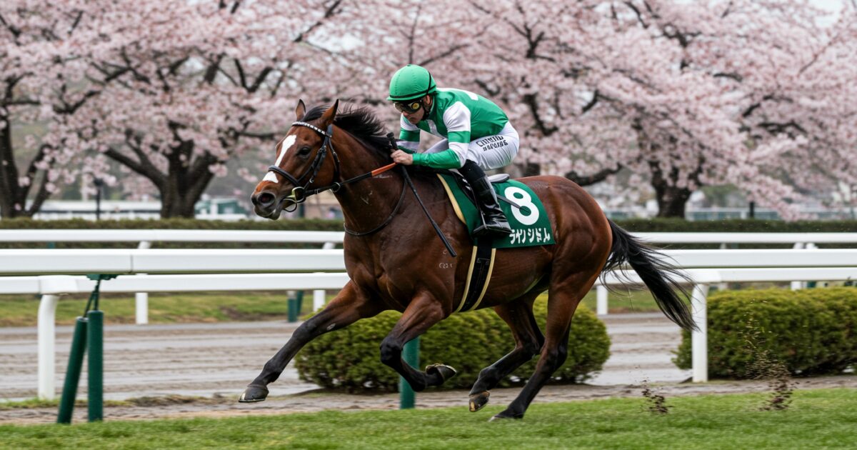 桜並木を背景に走る競走馬と騎手