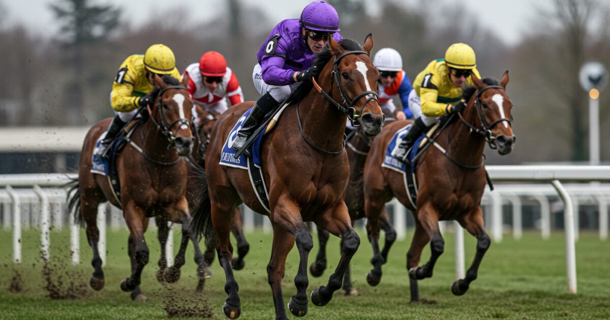 泥を跳ね上げて全力疾走する競走馬の集団