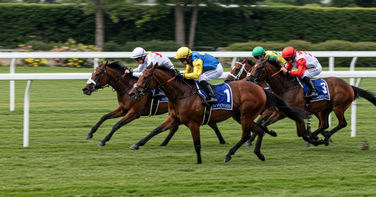 並んで競り合う五頭の競走馬と騎手たち