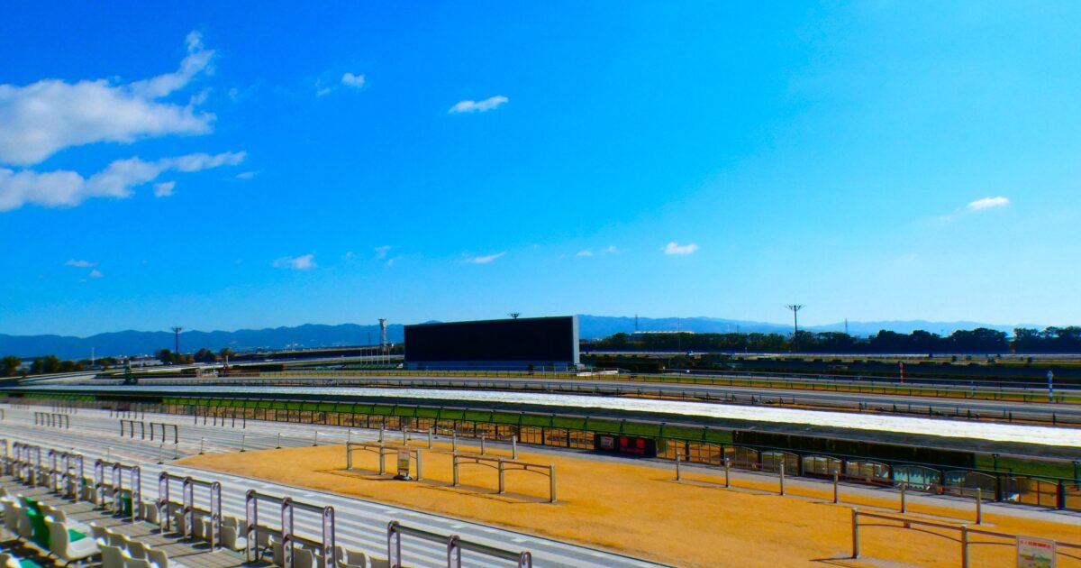 晴天の競馬場と観客席エリア