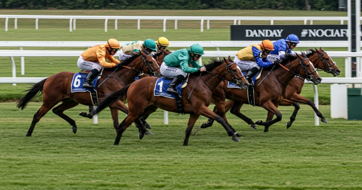 接戦を繰り広げる芝コースの競走馬たち