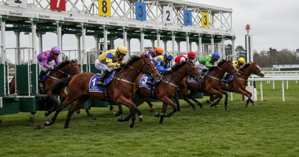 芝コースのゲートから一斉にスタートする競走馬