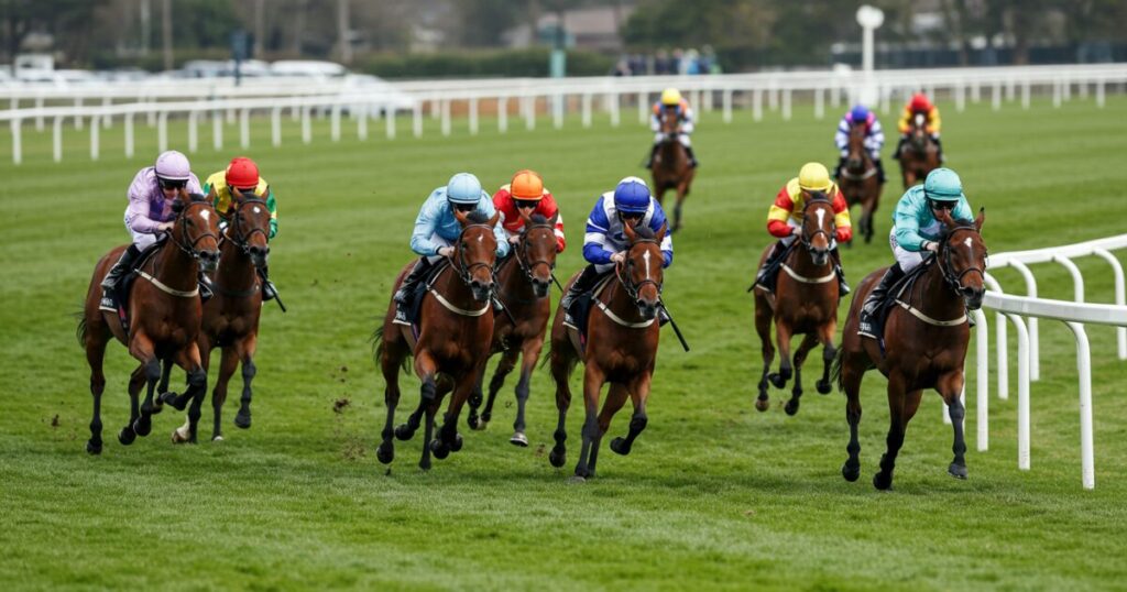 コーナーを駆け抜ける競走馬と騎手の集団