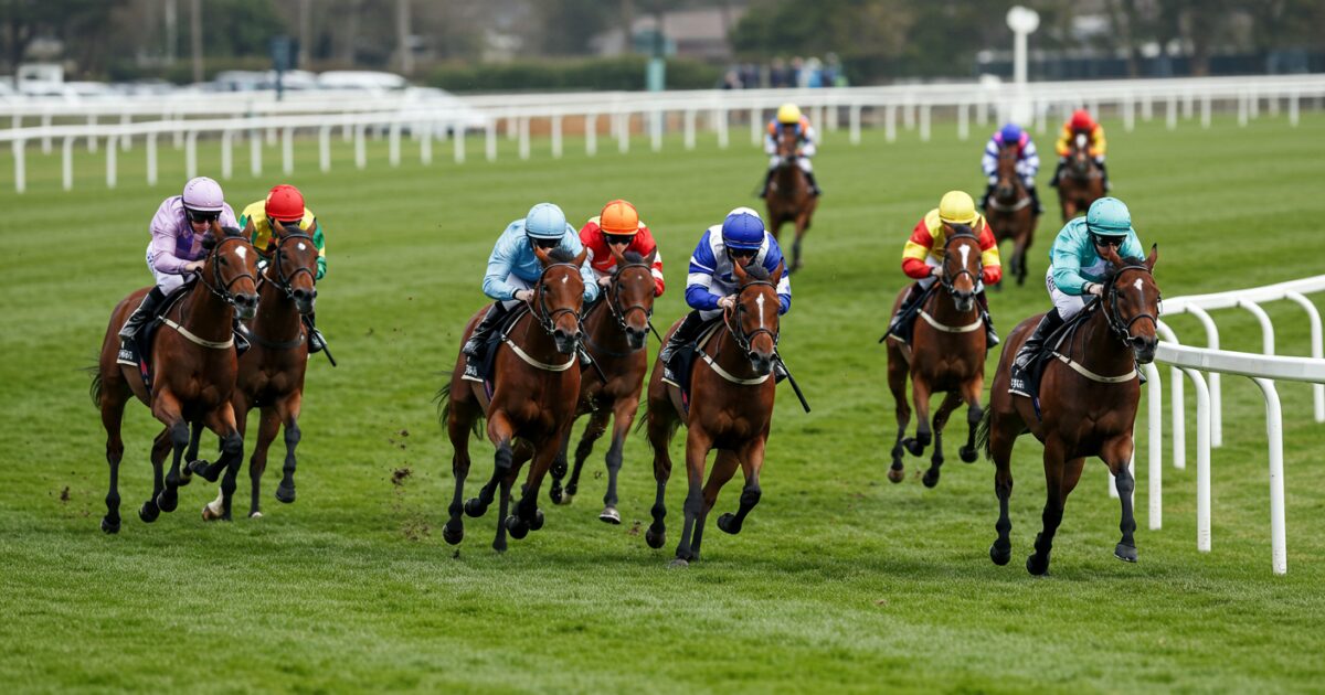 コーナーを駆け抜ける競走馬と騎手の集団
