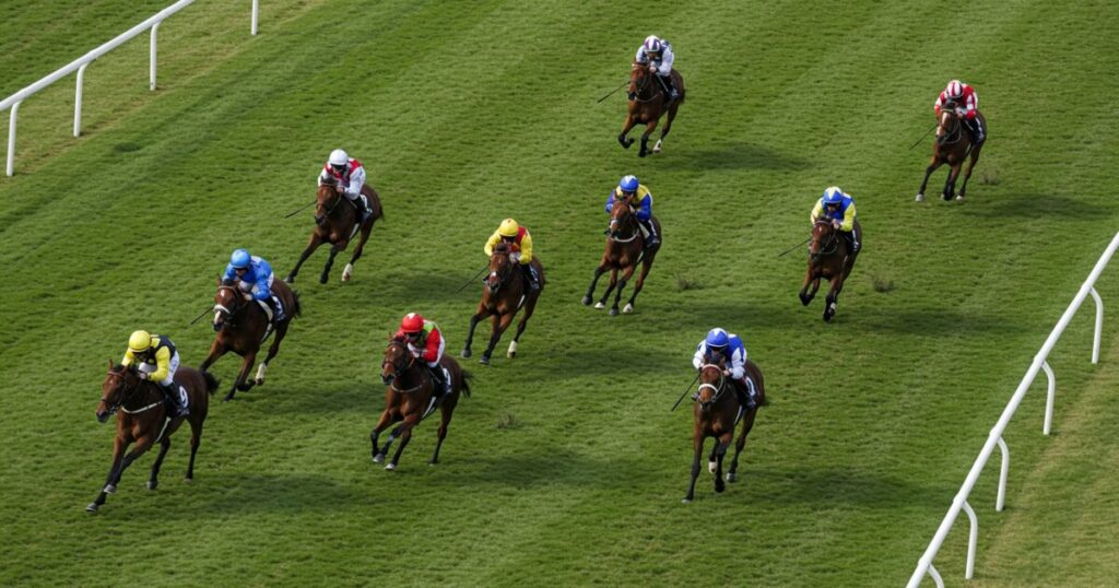 上空から見た芝コースを走る競走馬の隊列