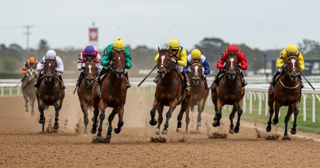 ダートコースを疾走する競走馬の激しいレース展開