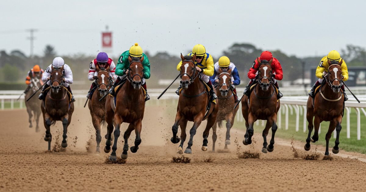 ダートコースを疾走する競走馬の激しいレース展開