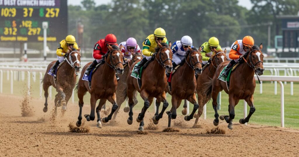 ダートを蹴り上げながらコーナーを攻める競走馬たち