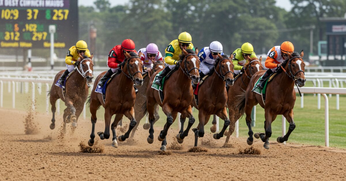 ダートを蹴り上げながらコーナーを攻める競走馬たち