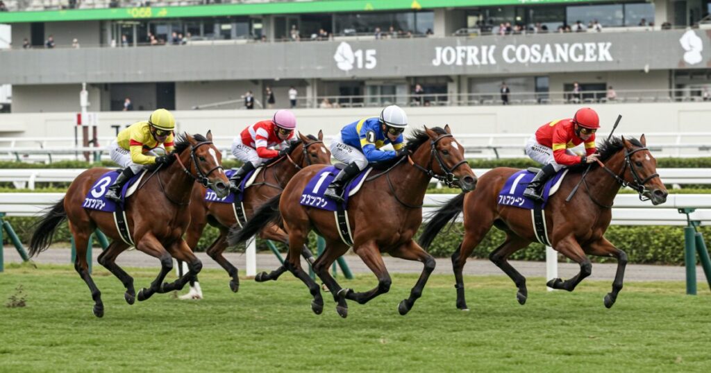 直線で抜け出す四頭の競走馬と白熱するレース