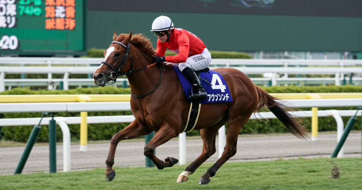 単走で力強く走る栗毛の競走馬と騎手