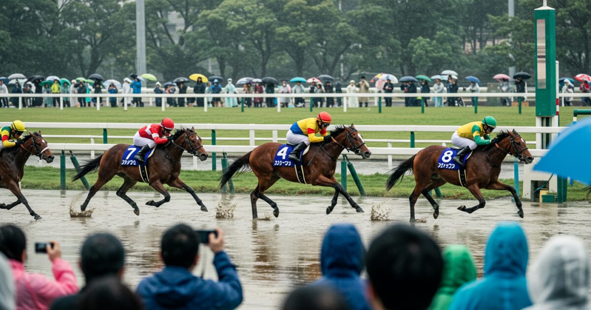 雨天の中を泥水を蹴り上げて走る競走馬と観客