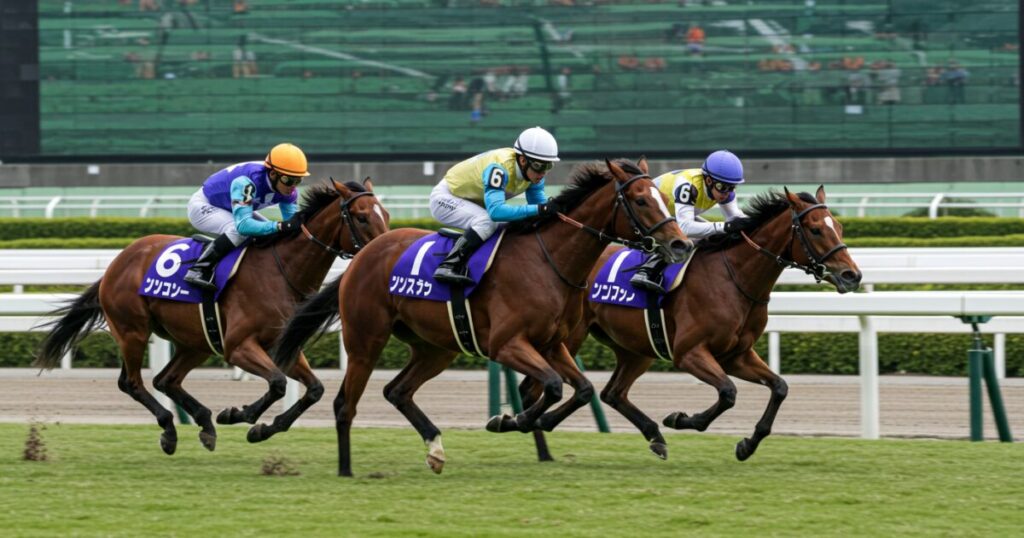 三頭が横並びで接戦を繰り広げる芝コースの競馬