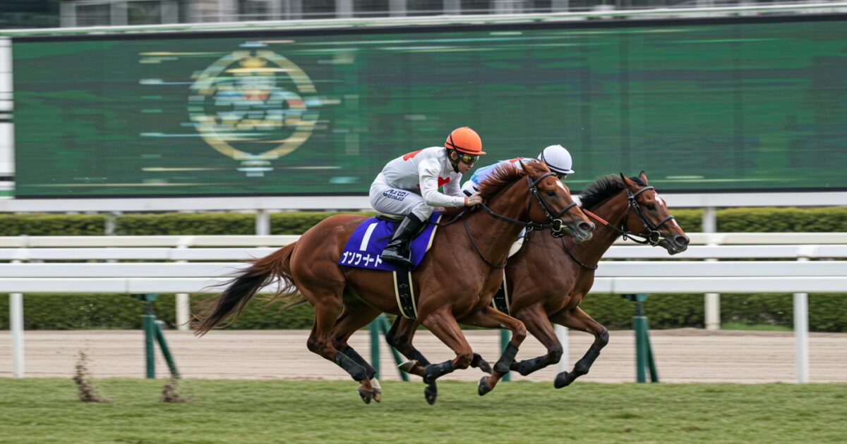 芝コースで競り合う二頭の競走馬と騎手
