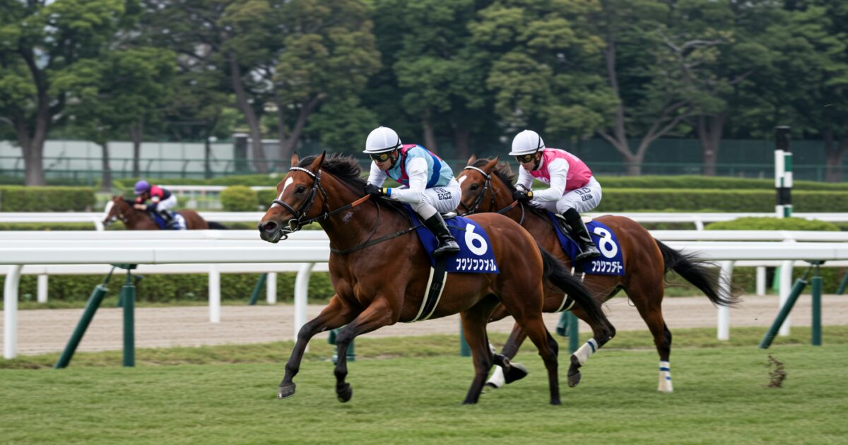 芝コースで競り合う二頭の競走馬と追走する集団