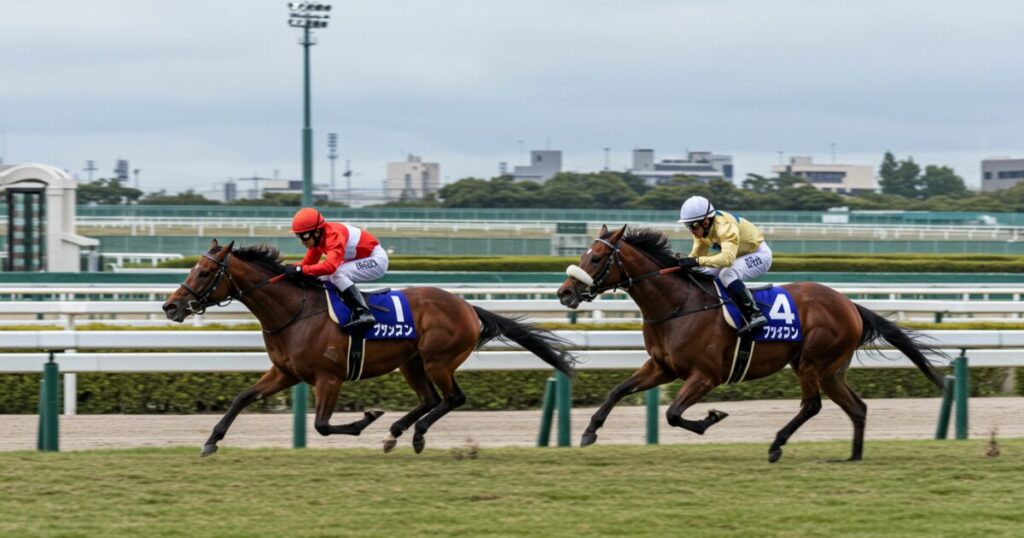 先頭を走る競走馬と僅差で追う二着争いの様子