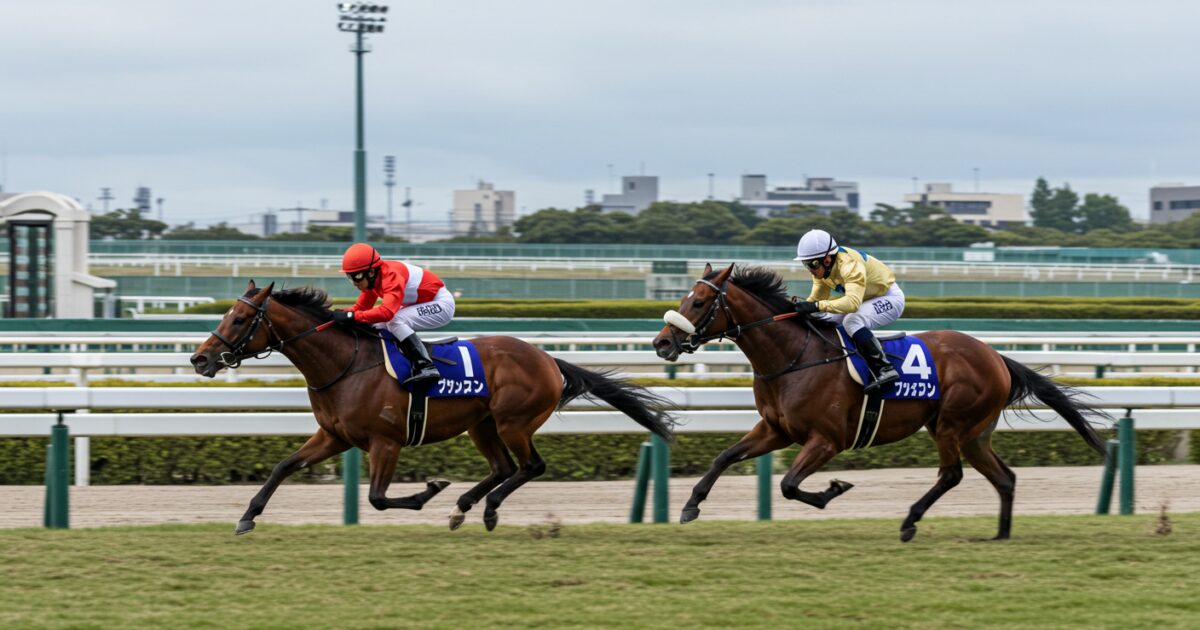 先頭を走る競走馬と僅差で追う二着争いの様子
