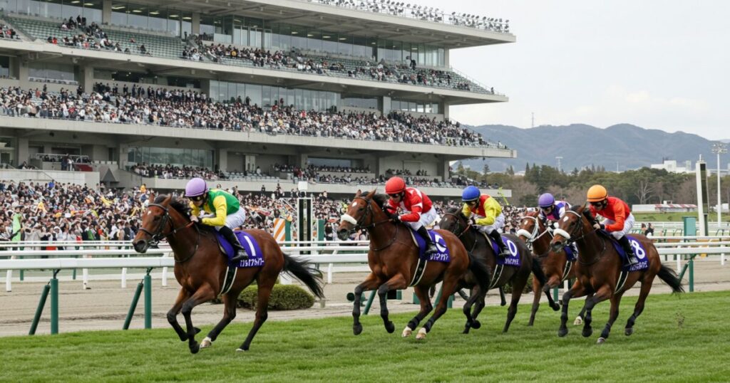 観客が見守る中ゴールを目指して走る競走馬の集団