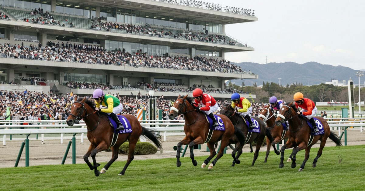 観客が見守る中ゴールを目指して走る競走馬の集団
